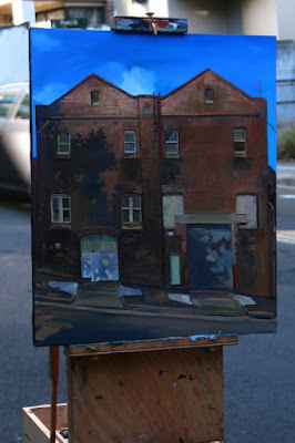 Plein air oil painting of abandoned derelict 'Darling Island Bond and Free' warehouse, Pyrmont st Pyrmont by industrial heritage artist Jane Bennett