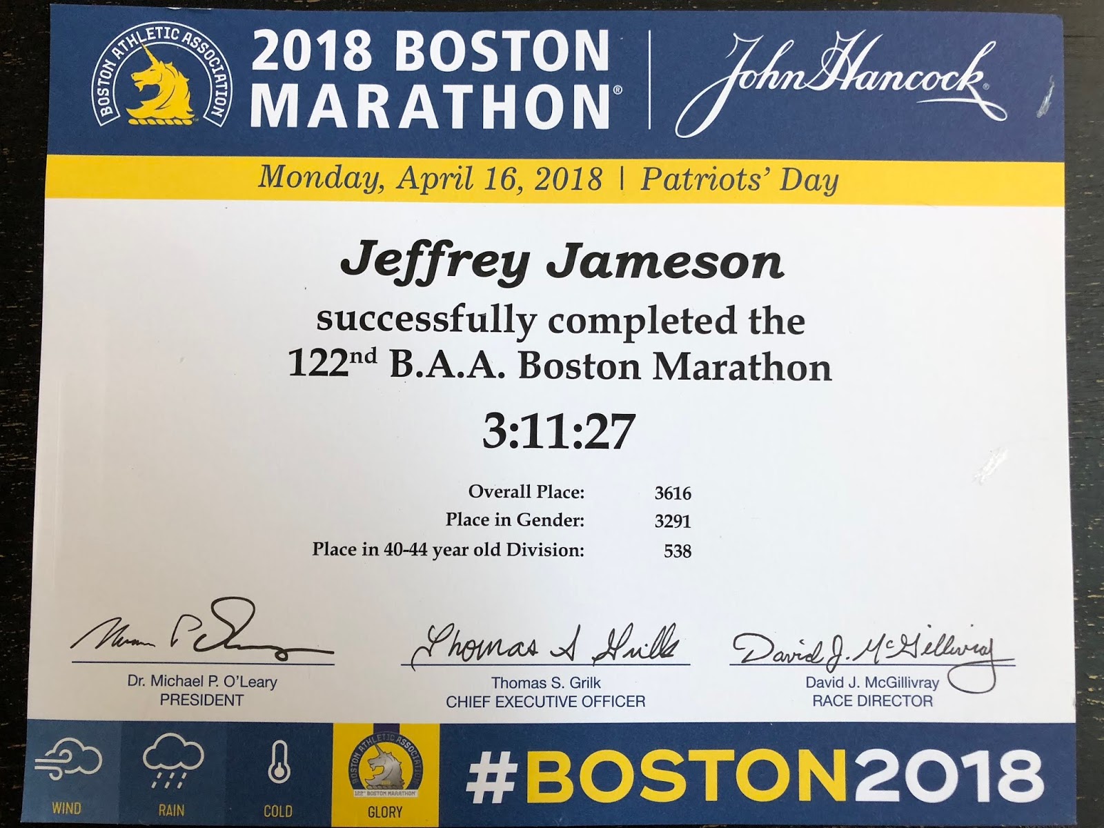 Run My Miles Boston Marathon certificate