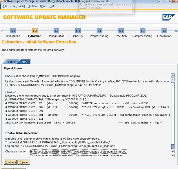 SAP BASIS SAPUSER or connect error rc=99 oerr=12537 error during upgrade