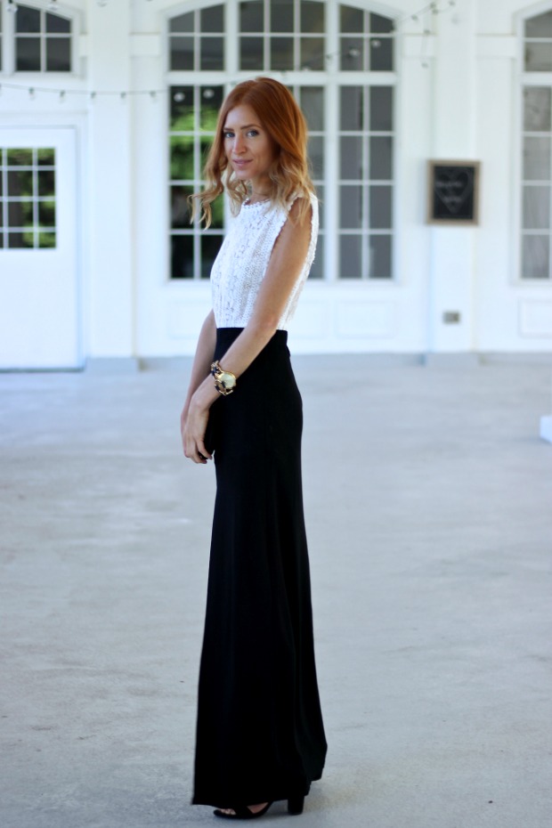 Lace and High Slit Maxi - Tobi Still Love You Maxi Skirt, The Store on Queen romper, Zara Thick Ankle Strap Heel, Tory Burch Britten Clutch