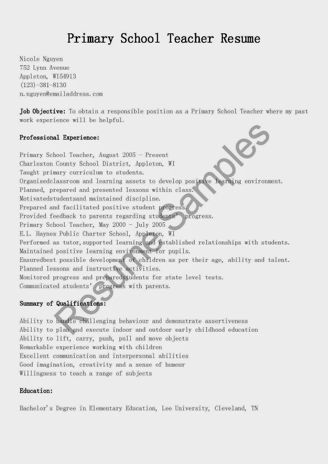 Resume Samples Primary School Teacher Resume Sample