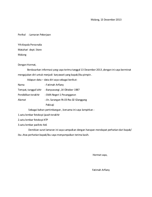 Surat Lamaran Kerja Matahari ben jobs Surat Lamaran Kerja Matahari ben jobs
