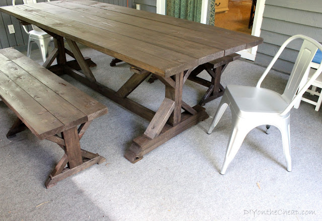 Anthro-Inspired Outdoor farmhouse table and benches at DIYontheCheap.com