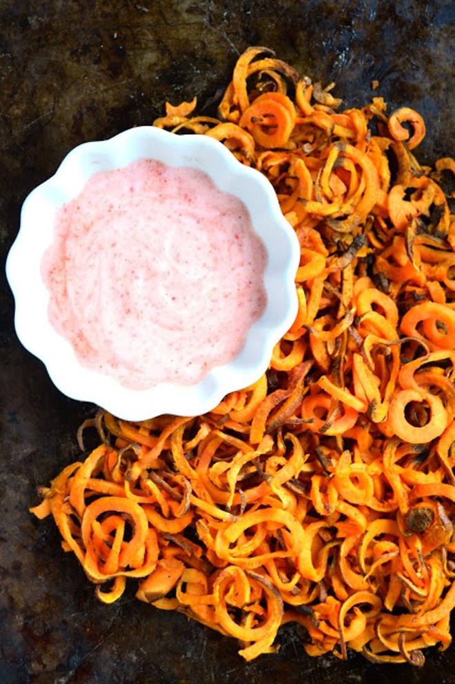 These Spiralized Sweet Potato Fries with Chile Habanero Sauce are thin, crispy and make the perfect appetizer. The spicy and creamy sauce adds flavor and spice to the dish.