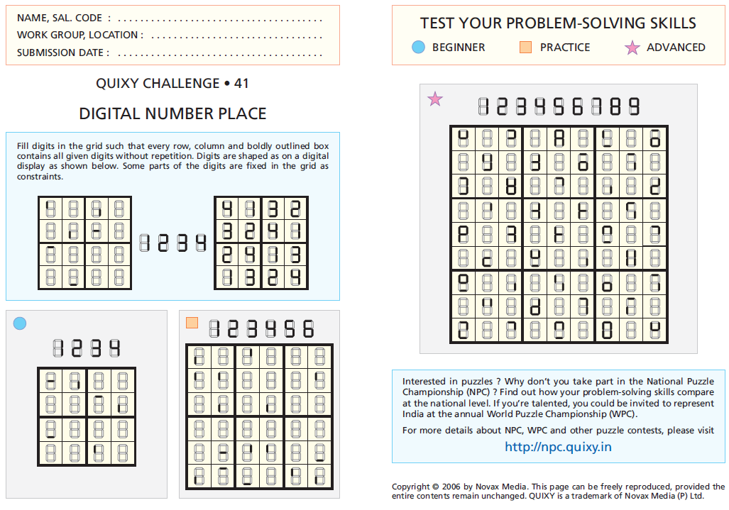 Number Place or Digital Sudoku (QC-41)