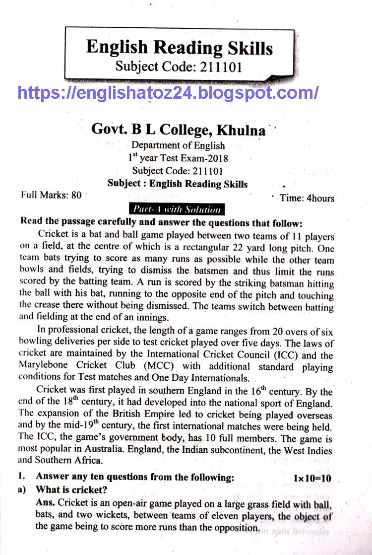 Test Papers for English Honours First Year Page 1122 English Grammar