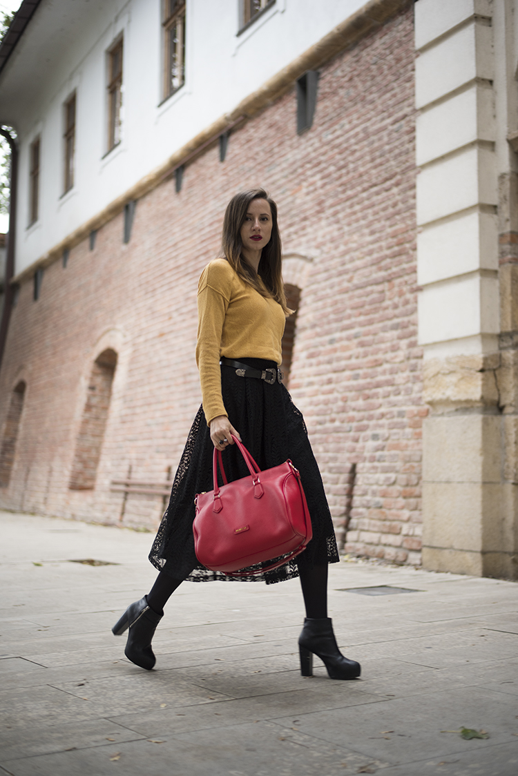 Skinny Buddha lace midi skirt Musette red bag Skinny Buddha lace midi skirt Musette red bag