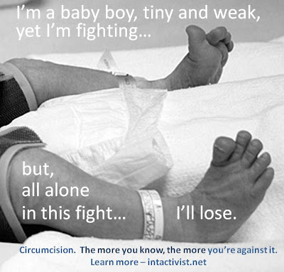 Powerful anti-circumcision poster showing a boy who wants to fight his circumcision, but cannot win
