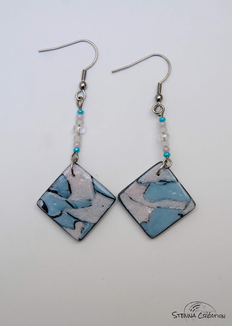 Boucles d'oreilles polymère Water Color Mosaic Bleu Rose Stenna Création