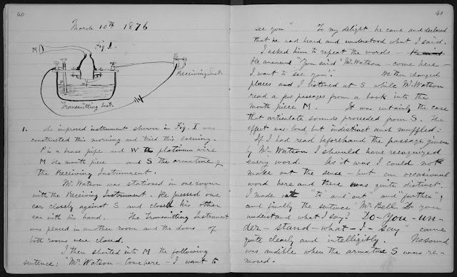 Bell's Experimental Notebook, 10 March 1876, Box 271, "Subject File: Scientific Notebooks, 1876." Alexander Graham Bell Family Papers, Manuscript Division, Library of Congress.-- http://www.alexandergrahambell.org