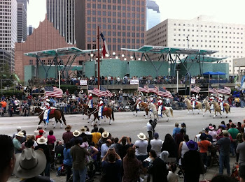 HOUSTON RODEO PARADE HORSES WITH AMERICAN FLAGS
