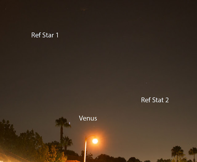 Venus at 3 degrees elevation, with two reference star locations (Source: Palmia Observatory)