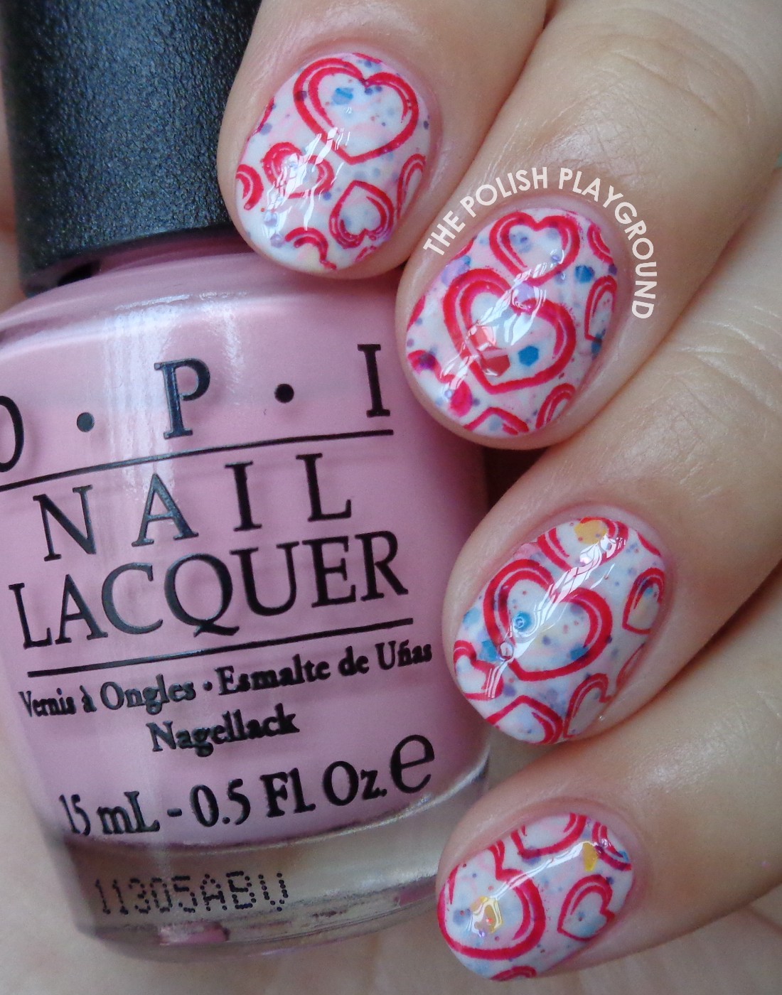 Double Stamped Pink and Red Hearts Valentine's Day Stamping Nail Art