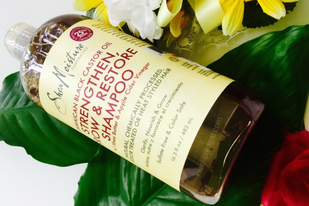 Looking for a sulfate-free clarifying shampoo for your relaxed hair? Consider the SheaMoisture Jamaican Black Castor Oil Strengthen, Grow & Restore Shampoo. Get a full review at arelaxedgal.com.