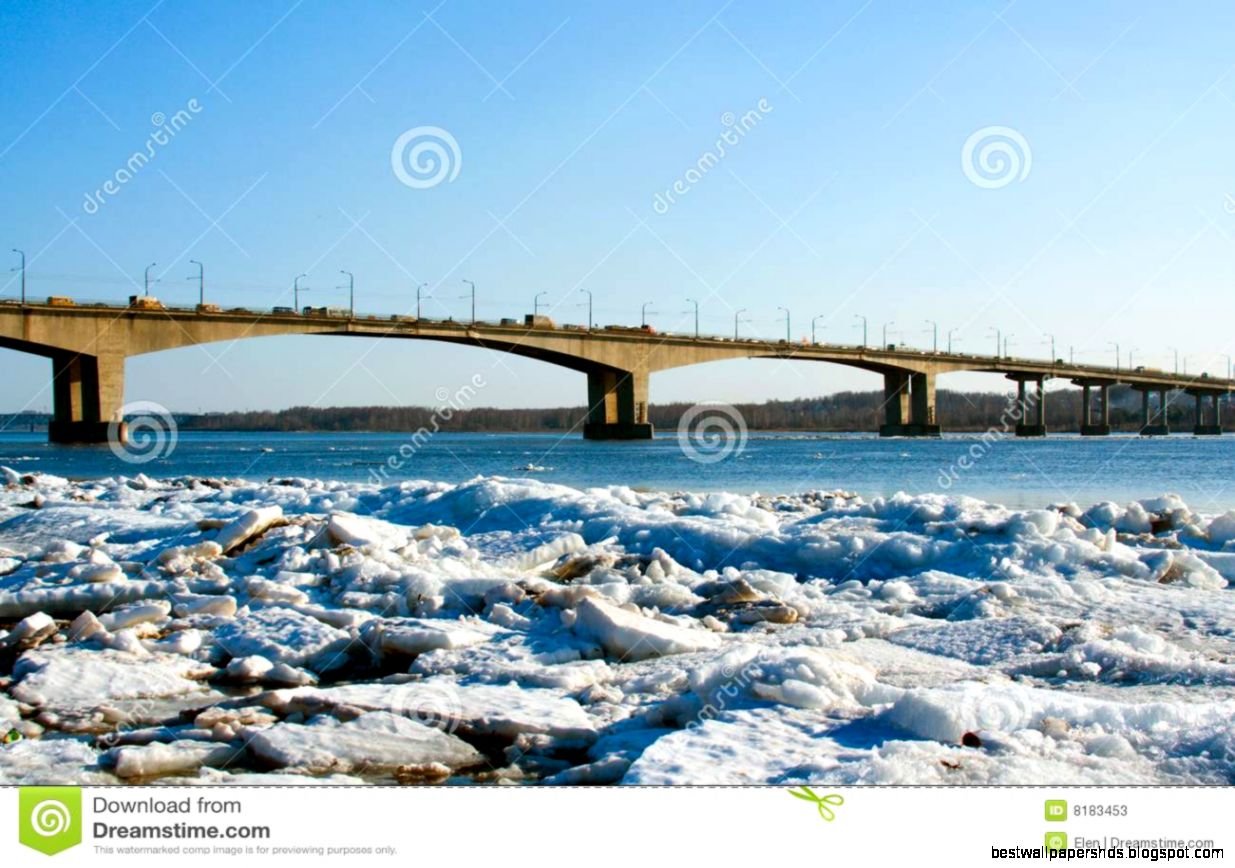 Ice on the river Volga with a bridge on the background