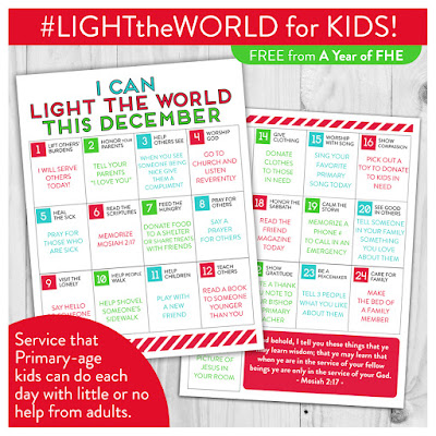 FREE DOWNLOAD // A great Service Calendar from the #LIGHTtheWORLD campaign made especially for KIDS!  Each day has a simple task that Primary-age children can do with little or no help from adults.  What a great way to get small kids involved! #LDS