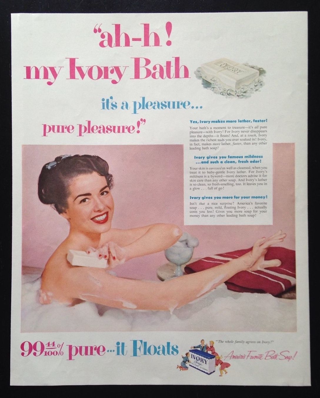 1953 IVORY Bath Soap Magazine Ad WOMAN IN BUBBLE BATH America