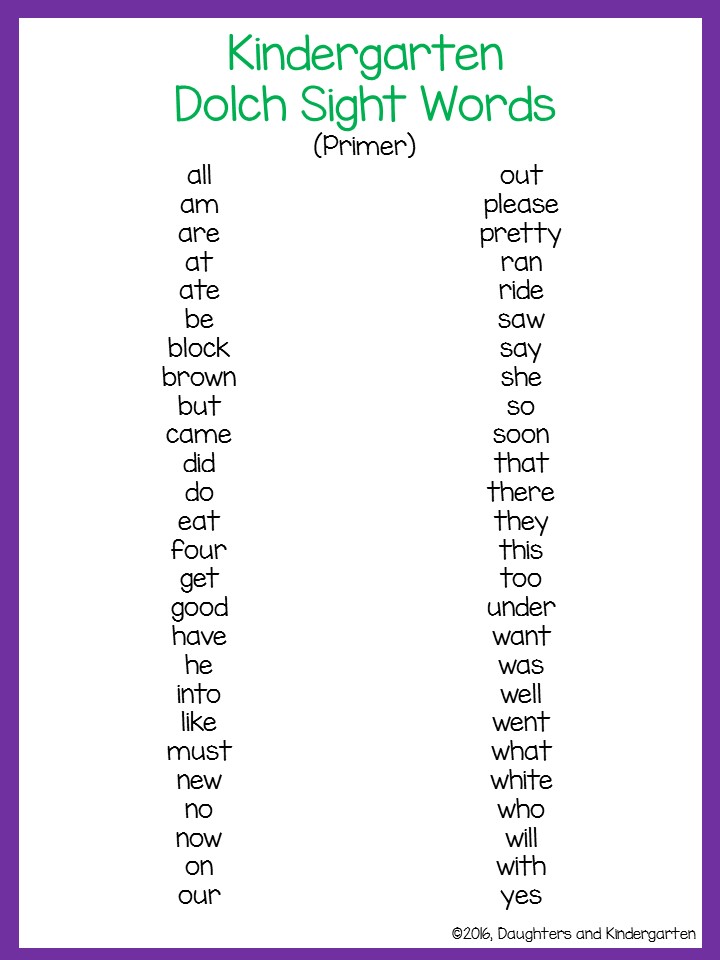 Kindergarten Sight Word List Westagro