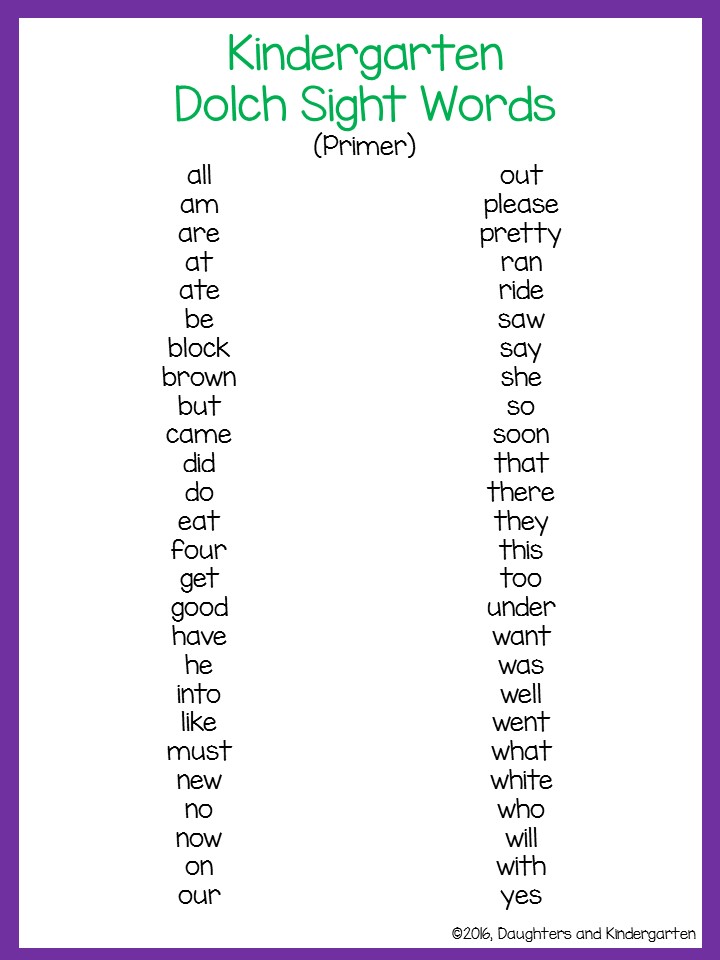 Dolch Sight Word List Printable