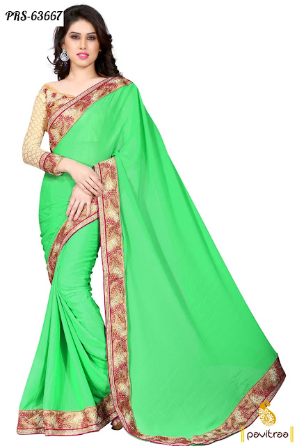 Buy Medium Sea Green Color Heavy Desiger Indian Party Wear Chiffon Sarees Online Shopping Collection with Lowest Cost Rate Price at Pavitraa.in
