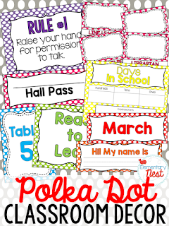 Polka Dot Scheme- Classroom Decor Collection to transform your classroom- pick a scheme or a theme to make your classroom decorated and organized