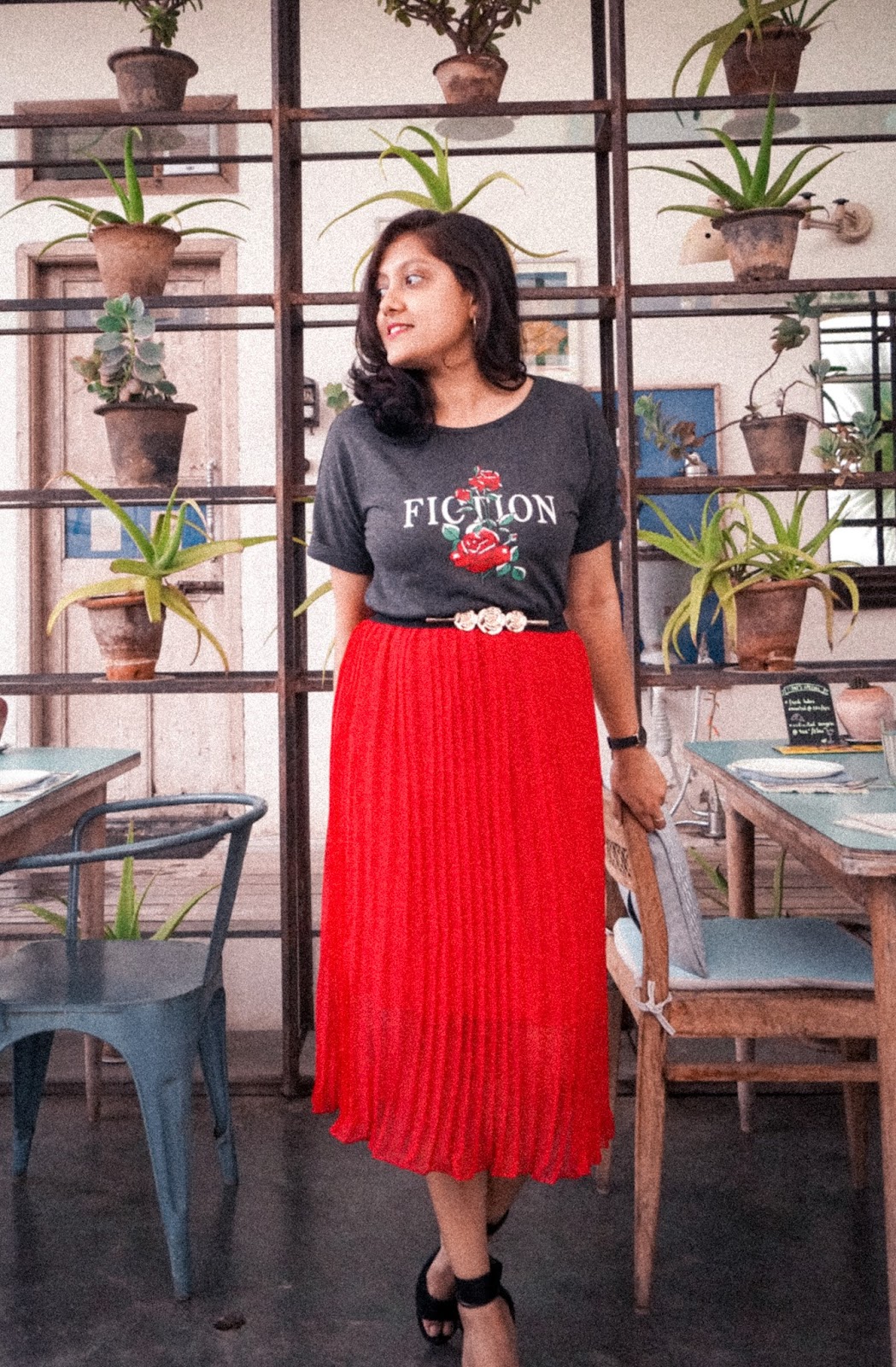 Styling red pleated skirt , vintage photo edit, grainy pictures, bangalore fashion blogger