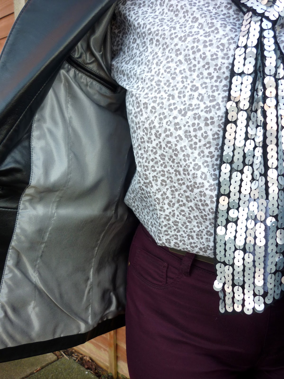 Lining of Precis Petite Leather Jacket, Land's End Shirt, New Look Sequin Scarf  | Petite Silver Vixen