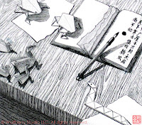 pen and ink drawing of table top with calligraphy pen and origami animals