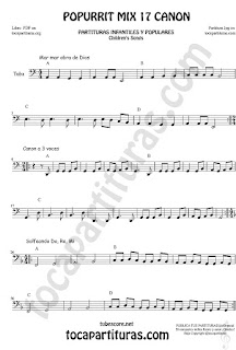 Partitura de Tuba Elicón (o Bajo Metal) Popurrí Mix 17 Forma Canon Mar Obra de Dios, Canon a 3 voces, Solfeando Do, Re, Mi Sheet Music for Tuba Music Scores