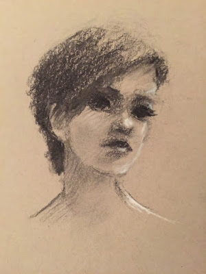 Sketch of an Actress portrait of a woman drawn in vine charcoal on toned paper with accents of white