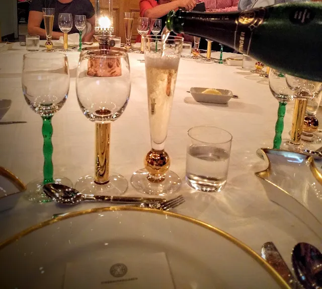 A glass of champagne poured at the Nobel Prize dinner at Stadshuskällaren Restaurang at the Stockholm City Hall