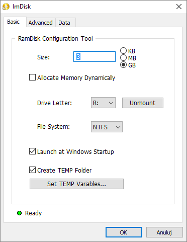 Okno konfiguracji ramdysku w ImDisk Toolkit