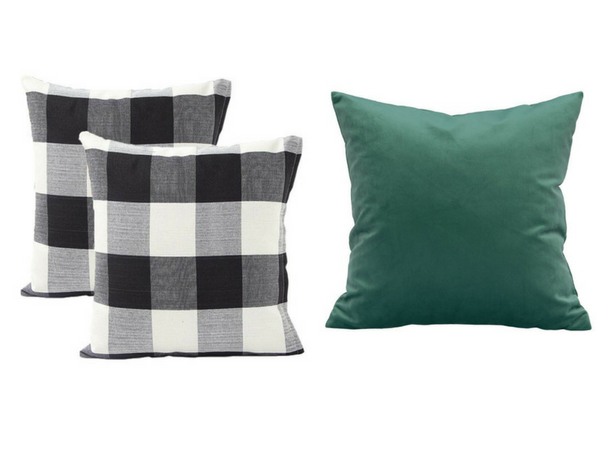 Pairing and styling throw pillows: Here's how to get Modern Glam Farmhouse style using black buffalo check gingham and clover green velvet pillows from Amazon.