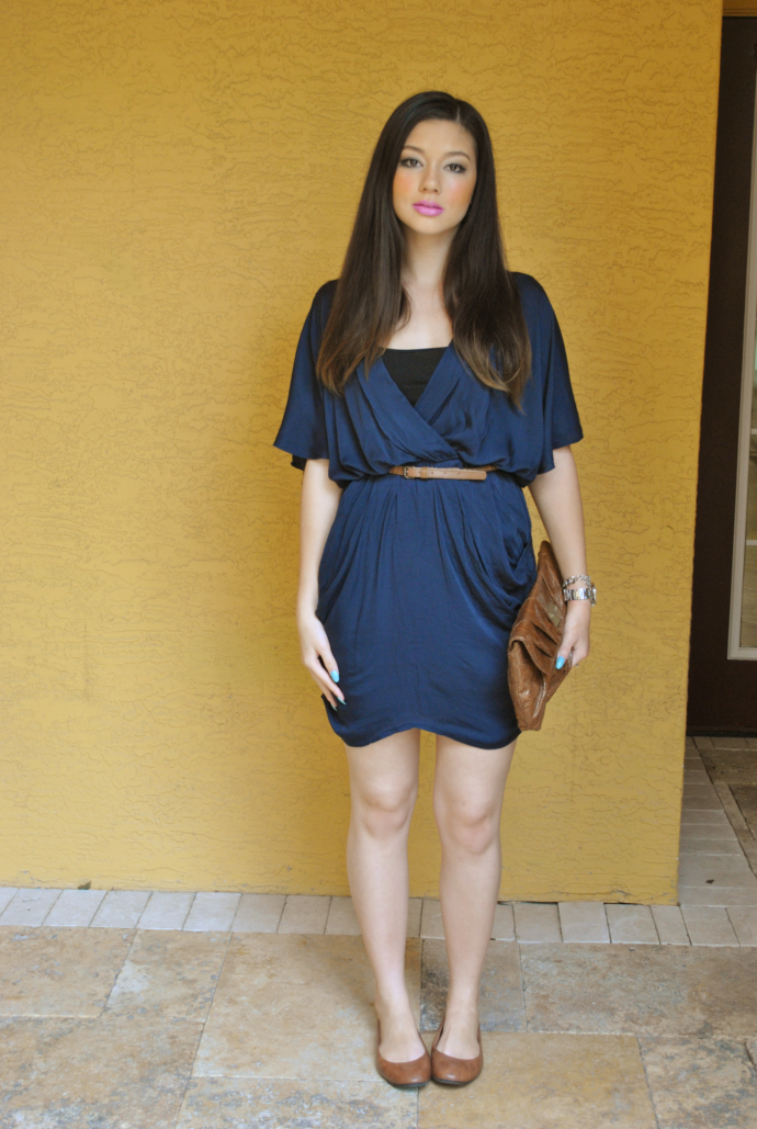 brown flats outfit, love navy batwing wrap dress, inlovewithfashion