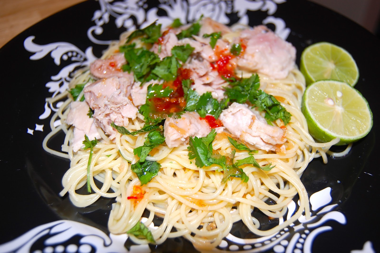 speakeasy style tuna steaks on cilantro noodles