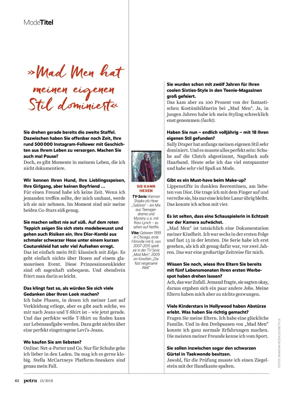 Kiernan Shipka na revista alemã Petra, de Dezembro de 2018