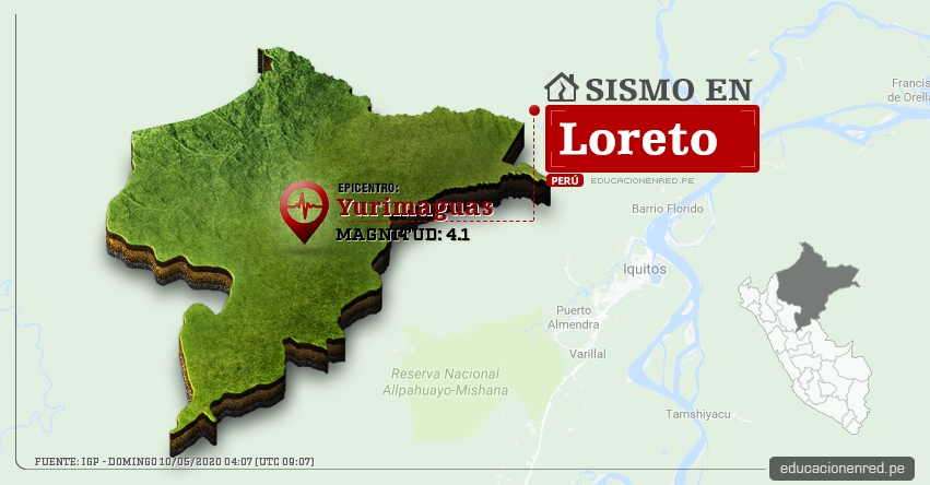 Temblor en Loreto de Magnitud 4.1 (Hoy Domingo 10 Mayo 2020) Sismo - Epicentro - Yurimaguas - Alto Amazonas - IGP - www.igp.gob.pe