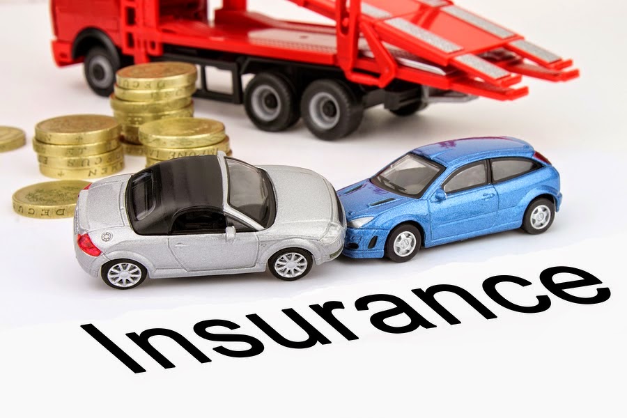  The image shows two toy cars in an accident with a large truck in the background and the word 'insurance' underneath, illustrating the concept of vehicle replacement insurance with a new car option.