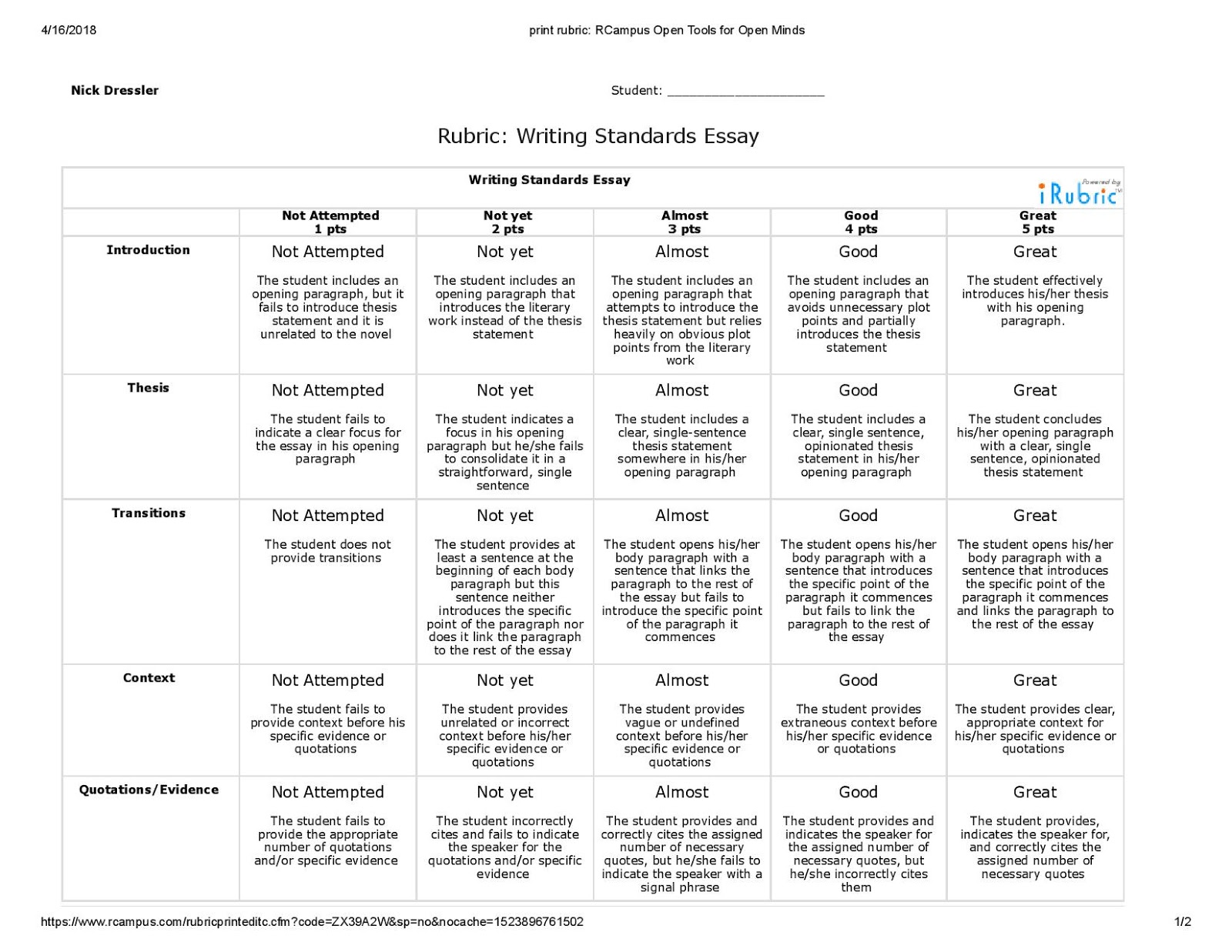 Rubrics for essay doc image