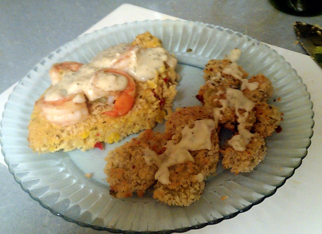 Kissing the Cook Shrimp on Corn Pudding with Buttermilk White Sauce