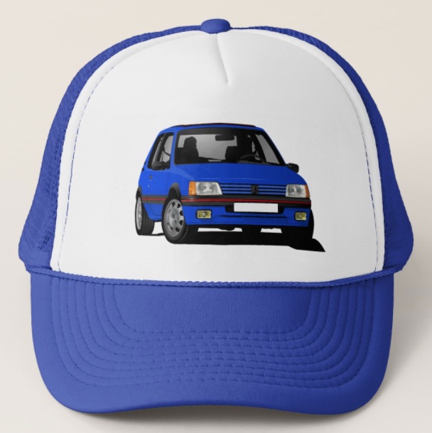 Cornering Peugeot 205 GTi in blue trucker hat