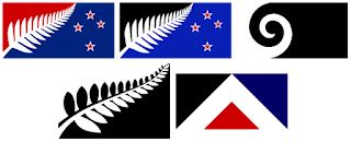 Graphic illustrating the five flag designs up for a vote in New Zealand's November-December 2015 flag referendum: Silver Fern (Black and White), Silver Fern (Red, White and Blue), Silver Fern (Black, White, and Blue), Koru (black), and First to the Light (Red Peak)