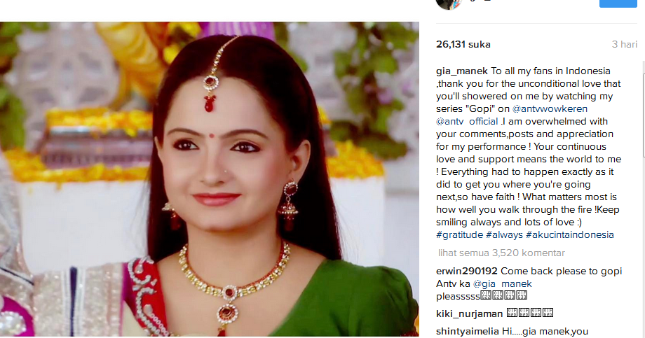 Perannya di Serial Gopi Digantikan, Giaa Manek Tulis ini ... Perannya di Serial Gopi Digantikan, Giaa Manek Tulis ini ...
