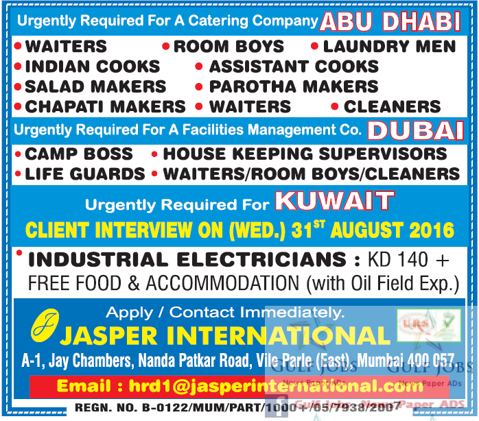 Catering Co Jobs for Abu dhabi, Dubai & Kuwait Free food