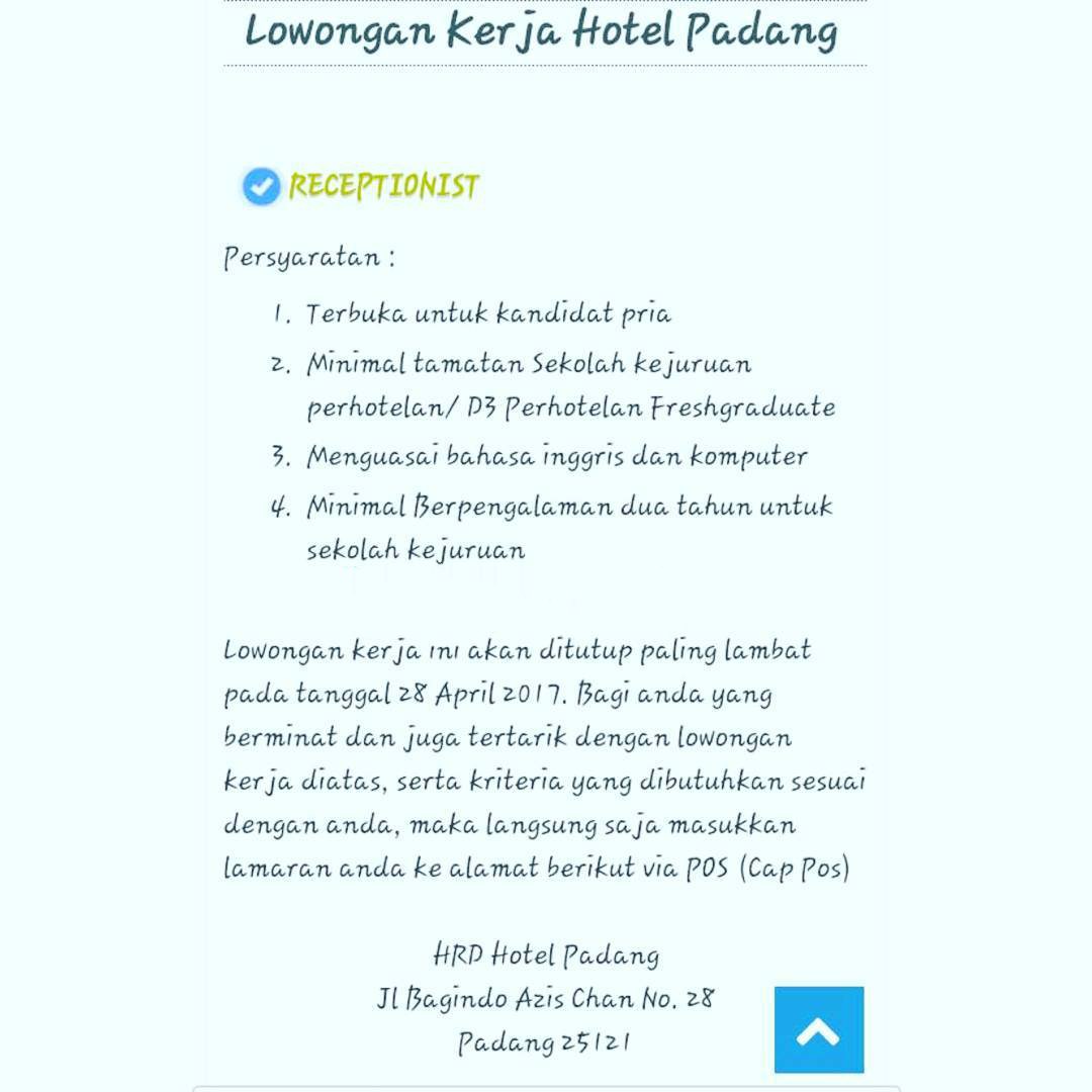 Lowongan Kerja di Padang - Hotel Padang - Resepsionis (April 2017) - JobsDB