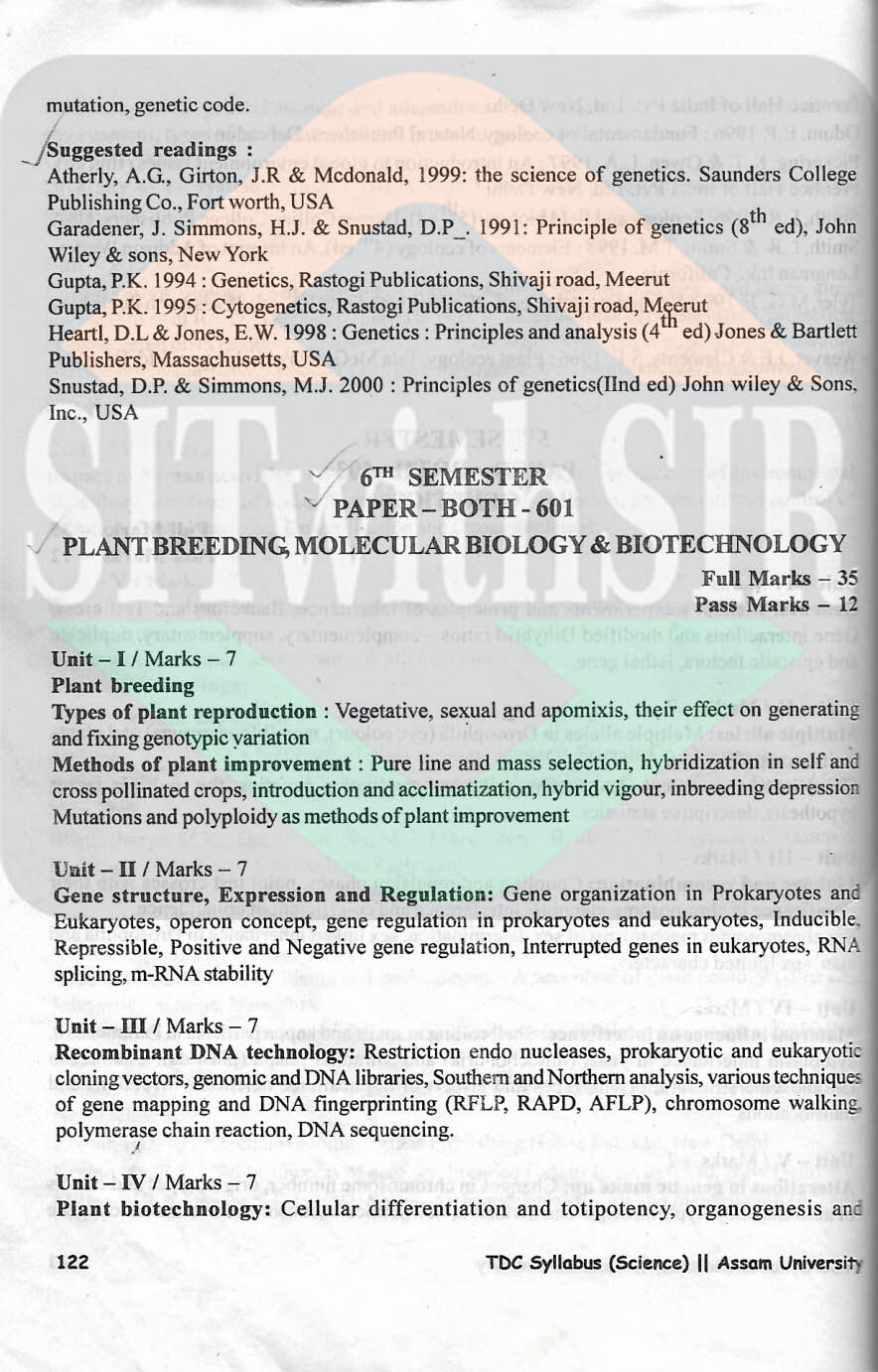 Botany Honours Syllabus for 6th semester of Assam University Silchar