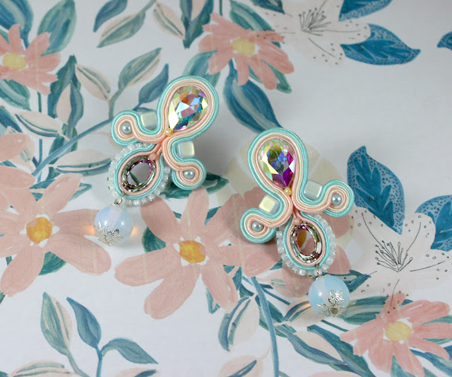 Pastels Soutache earrings,very elegant for wedding. Dangle Opals. Moon light