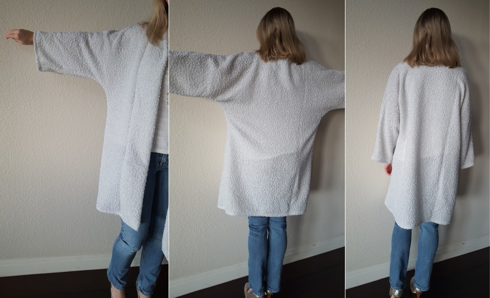 M6802 Cardigan Sleeve Ease_HandmadePetite Sleeve and back views of cardigan outerwear from M6802 sewing pattern