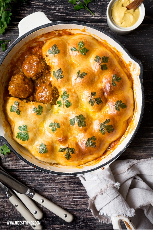 Kürbis Hackbällchen Senf Fleischbällchen überbacken im Teigmantel