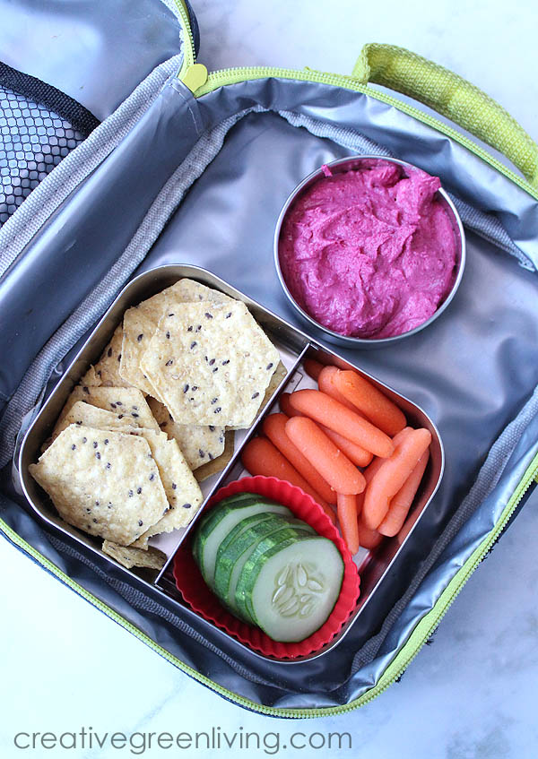 Pack a gluten free lunch with creamy beet hummus made with wallaby yogurt, veggies and multi-grain tortilla chips